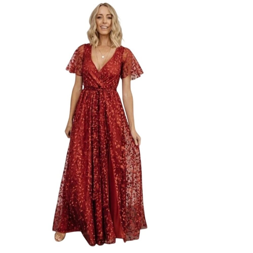 Baltic Born Marseille Red Vine Embroidered Maxi Dress Flutter Sieeve Size XXXL*